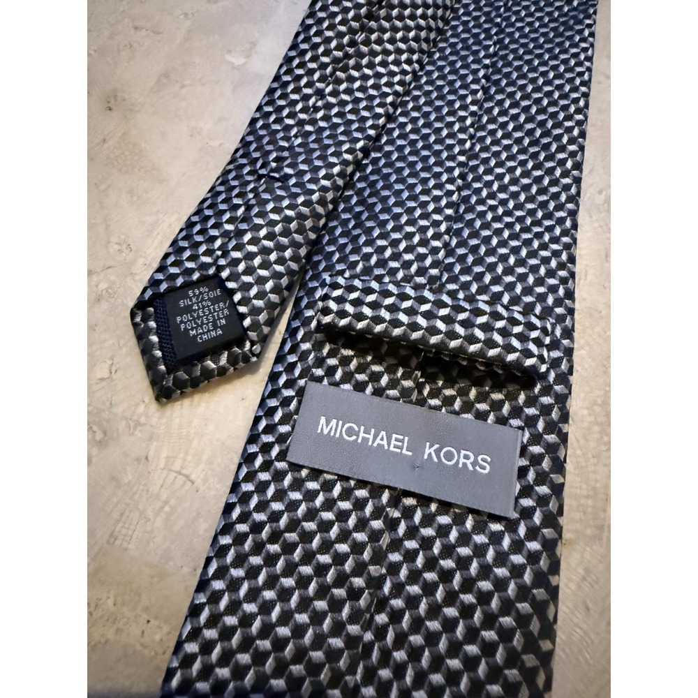 Michael Kors Metallic Tie Black Silver 60" x 3" Necktie Silk Poly Blend Modern - Picture 2 of 5